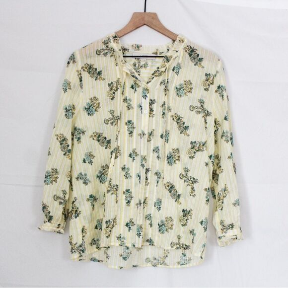 Loft Tie Neck Floral and Striped Peasant Blouse - Medium, Yellow Stripe - Picture 1 of 8